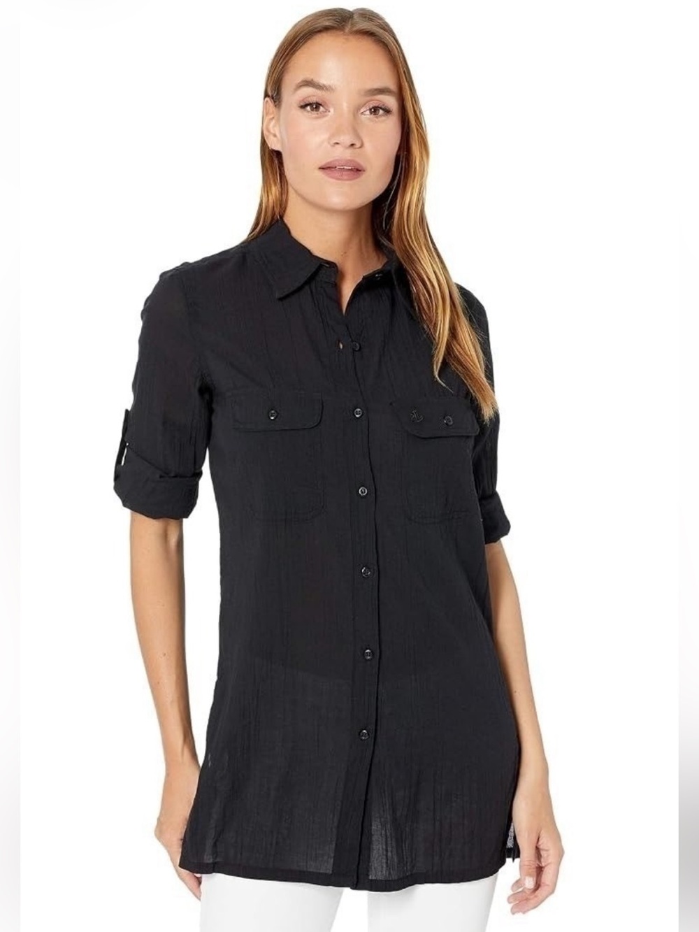 Lauren Ralph Lauren Black Crushed Cotton Long Sleeve Camp Shirt Tunic Large